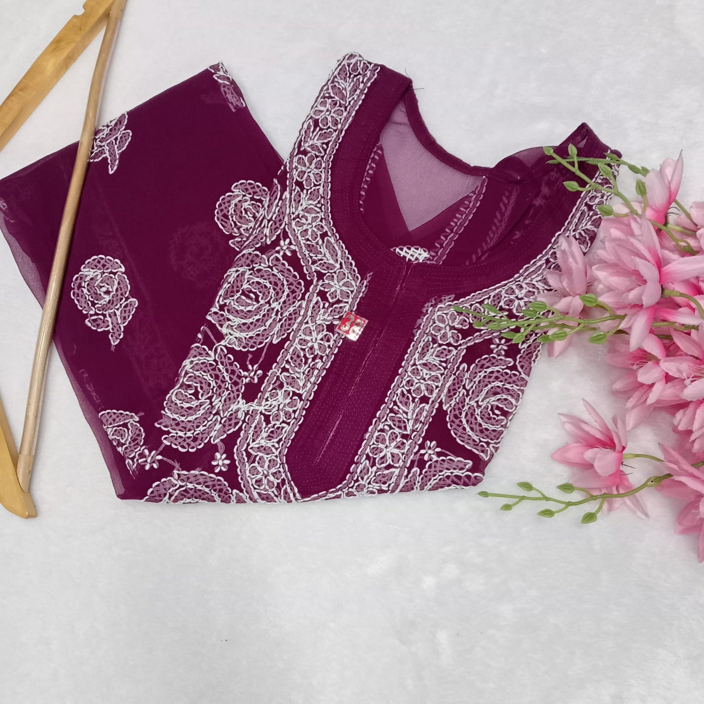 Georgette Chikankari Rose Work Kurti With Pure Cotton Inner -Wine Colour - Chikankaar