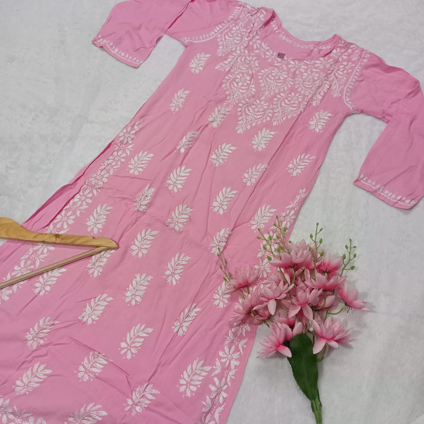 Boat Neck Rayon Chikankari Kurti -Baby Pink - Chikankaar