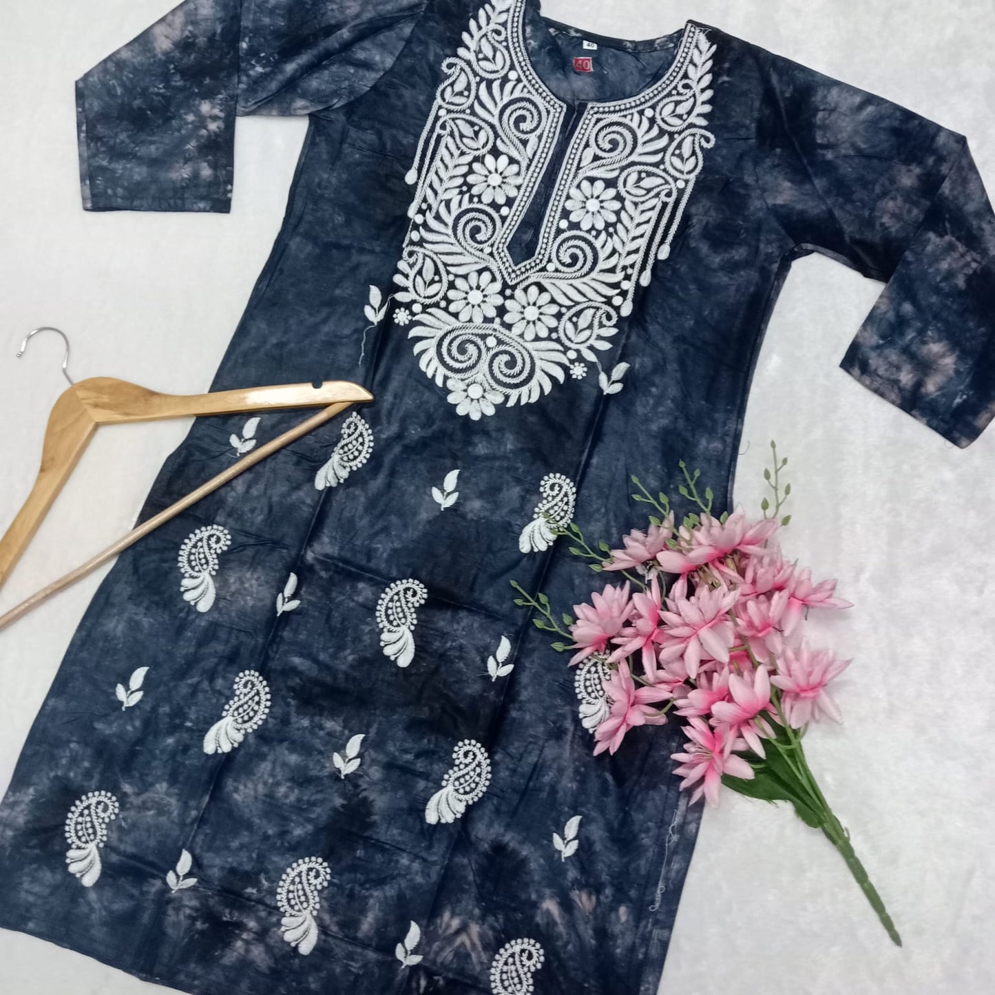 Rayon Tie & Dye Chikankari Machine Work Kurti- Smoke Blue Colour - Chikankaar