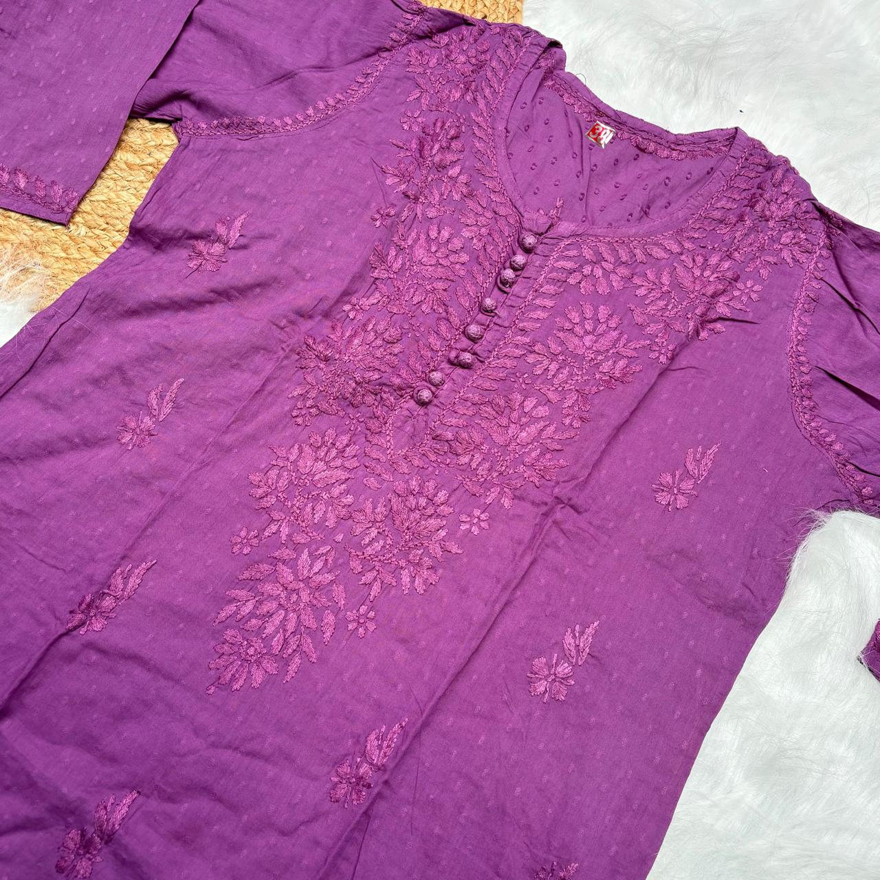 Adaah Ombre Shaded Dobby Cotton Chikankari Kurti - Wine - Chikankaar