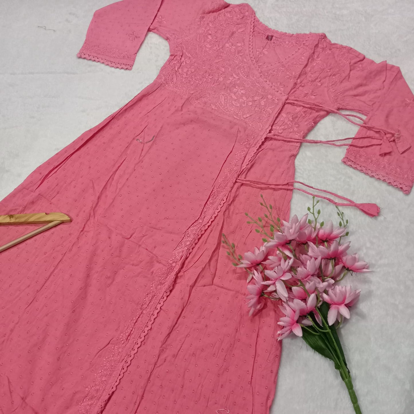 Ombre Shaded Dobby Cotton Chikankari Angarakha -Peach Colour - Chikankaar