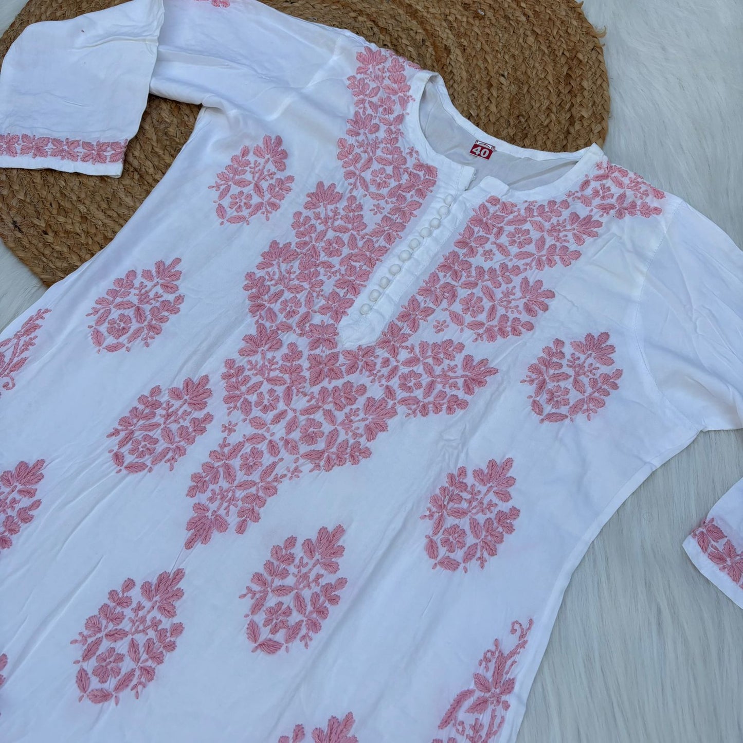 Amira Soft Rayon Chikankari Kurti - Pink on White Color - Chikankaar
