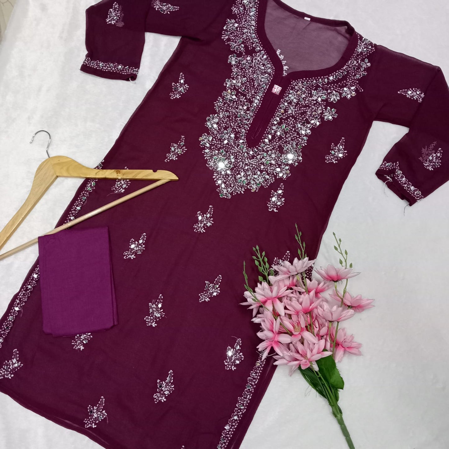 Georgette Mirror Work Chikankari Kurti With Inner -Wine Colour - Chikankaar