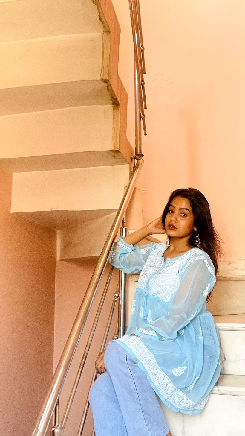 Chikankari Georgette Short Gown With Dori - Blue Color - Chikankaar