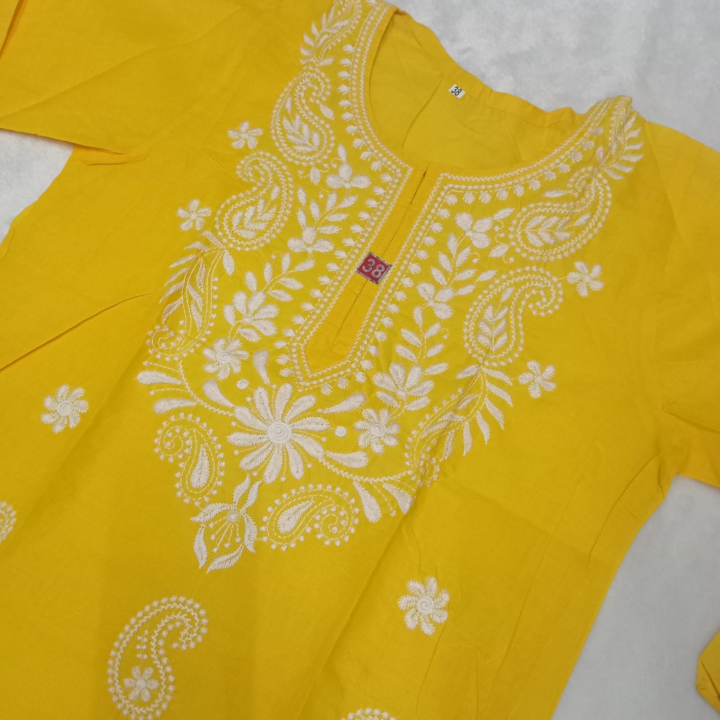Cotton Machine Work Chikankari Kurti - Yellow Colour - Chikankaar