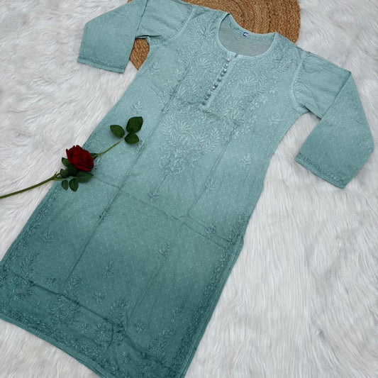 Farah Ombre Shaded Dobby Cotton Chikankari Kurti - Pista green colour