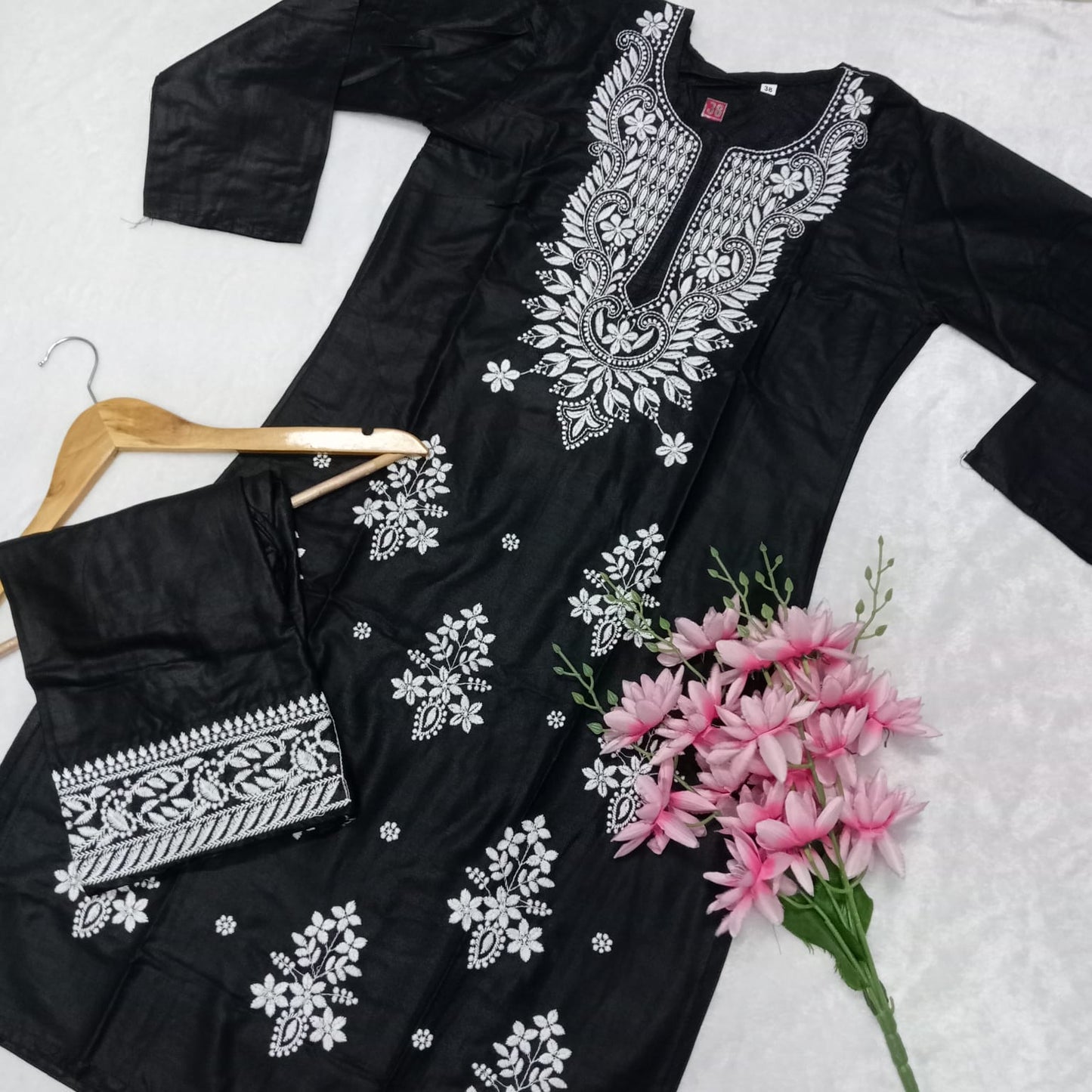 Rayon Chikankari Machine Work Kurti Plazo Set- Black Colour - Chikankaar