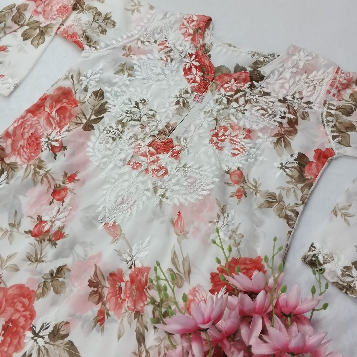 Chikankari Georgette Floral Printed Kurti- Red Colour - Chikankaar
