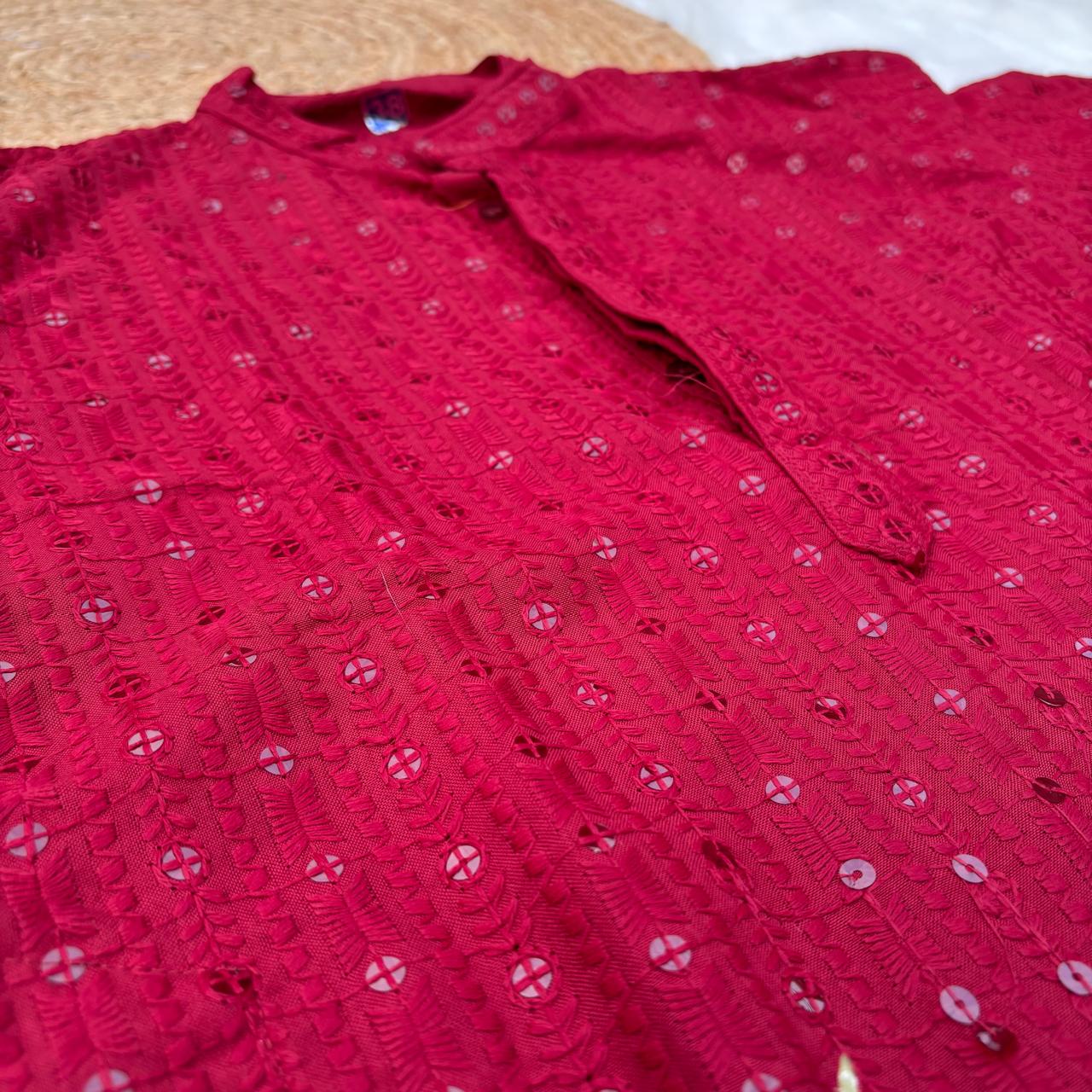 Ayaan Mens Cotton Chikankari Kurta - Maroon colour