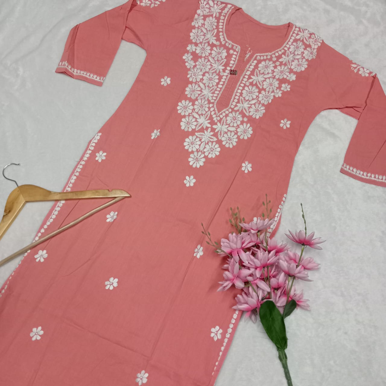 Pure Cotton Chikankari Handwork Kurti - Peach Colour - Chikankaar