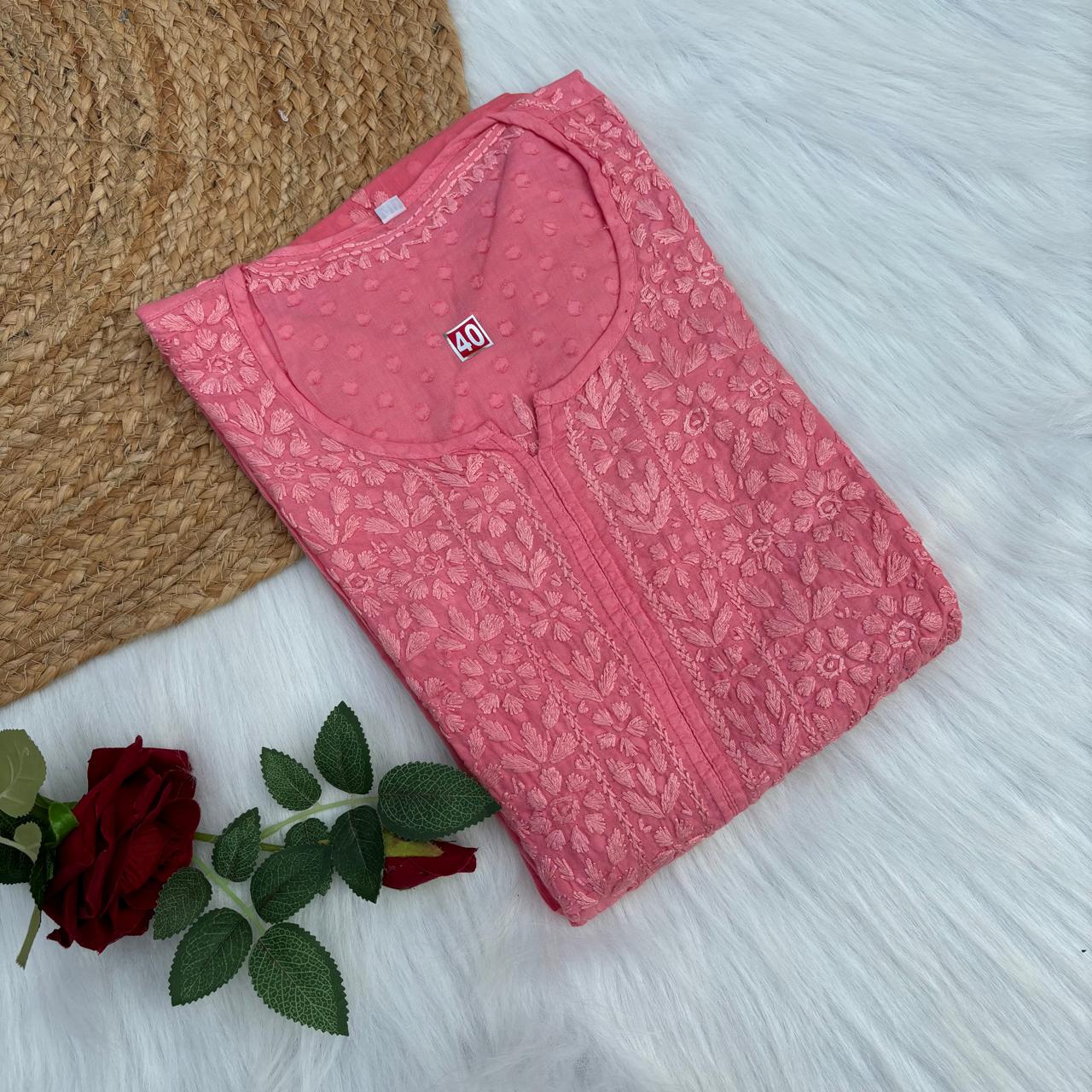 Aliya Dobby Cotton Nyra Cut Chikankari Aline Kurti - Peach Colour - Chikankaar