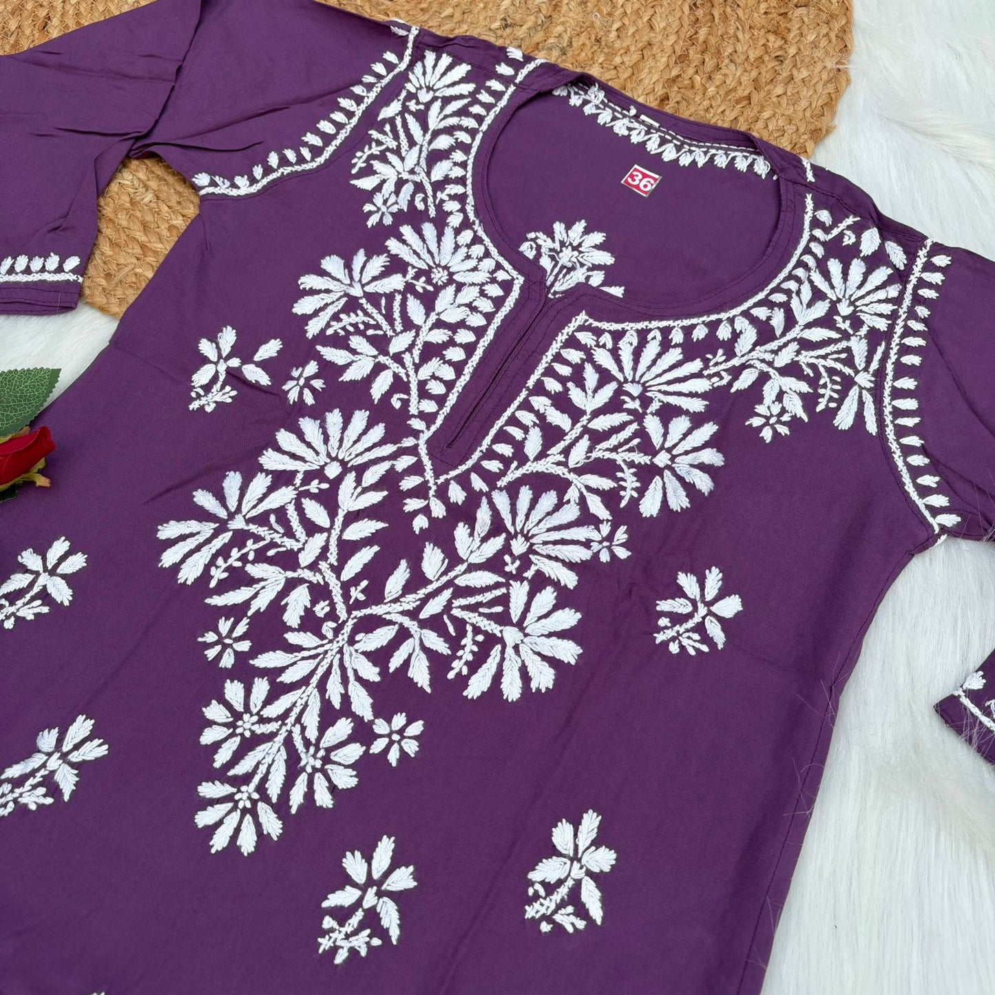 Ina Soft Rayon Chikankari Short Kurti - Mauve Colour - Chikankaar
