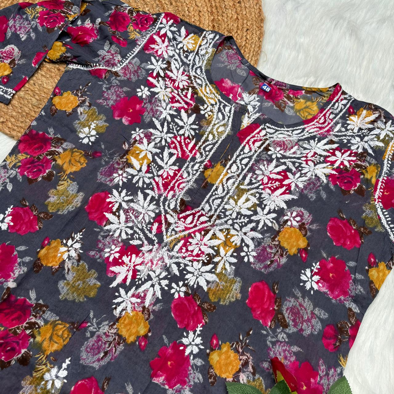 Plus size special-Dhanashree Inspired Mulmul Floral Printed Chikankari Handwork Kurti- Grey Colour - Chikankaar