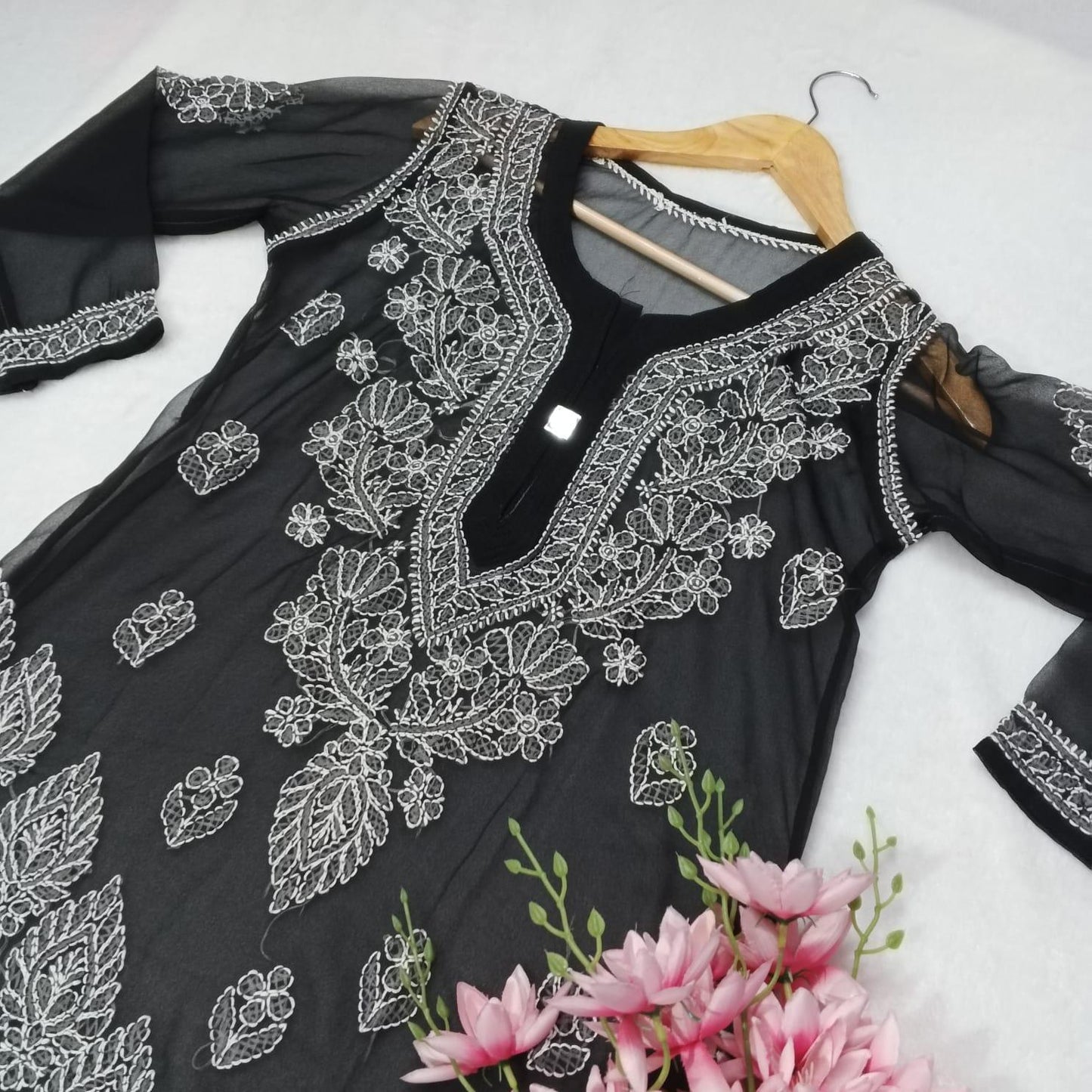 Graceful Georgette Chikankari Cross Panel Kurti With Inner - Black Colour - Chikankaar