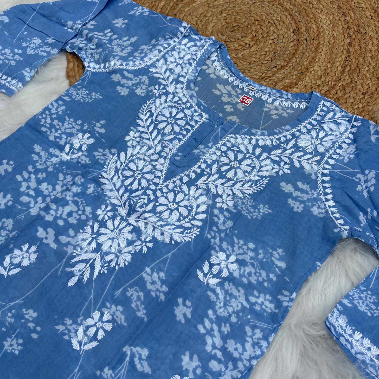 Malika Pure Mulmul Cotton Short Kurti - Blue Colour