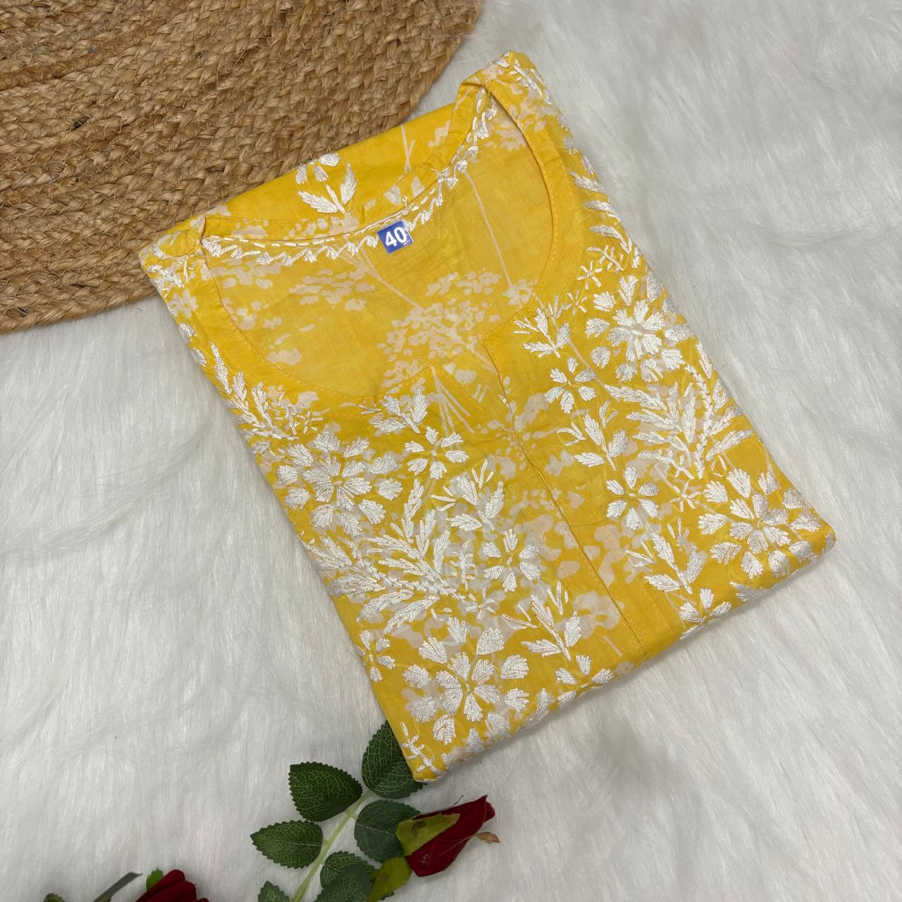 Mahira Sharma Inspired Pure Mulmul Printed Chikankari Handwork Kurti -Yellow Colour - Chikankaar