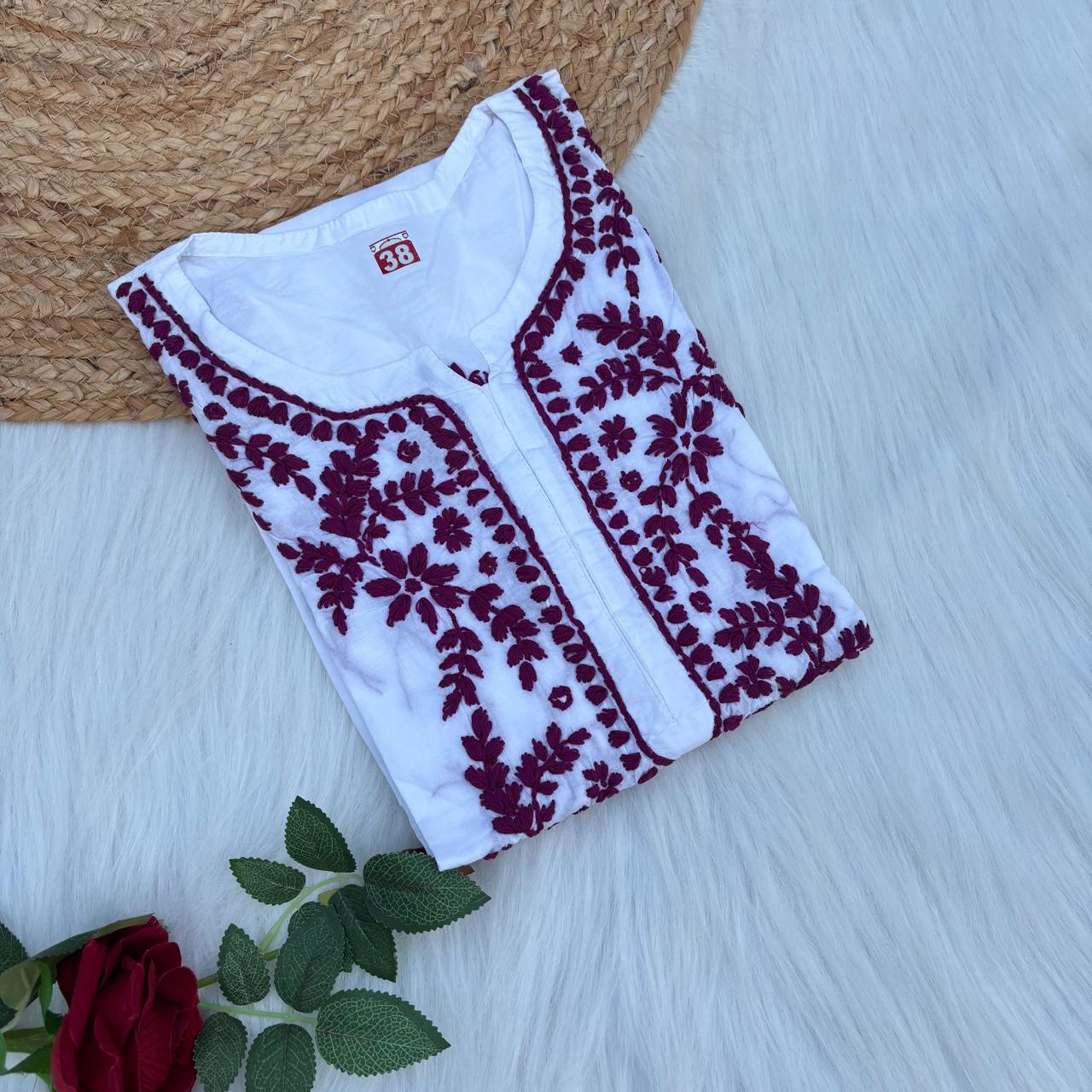 Shraddha Kapoor inspired Pure Cotton Chikankari Kurti - Wine Colour - Chikankaar