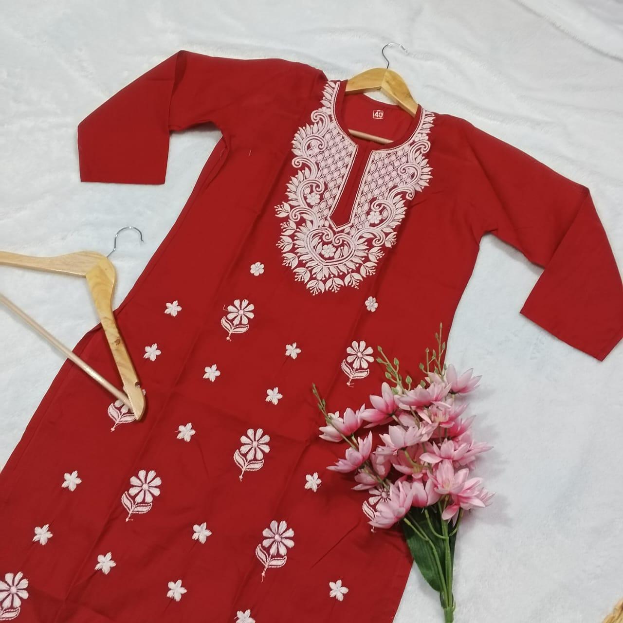Cotton Machine Work Chikankari Kurti - Red Colour - Chikankaar