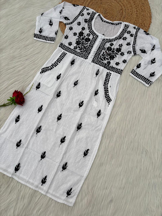 Sonakshi Soft Cotton Lucknowi Chikankari Handwork Kurti (With Pockets) - White Black Color