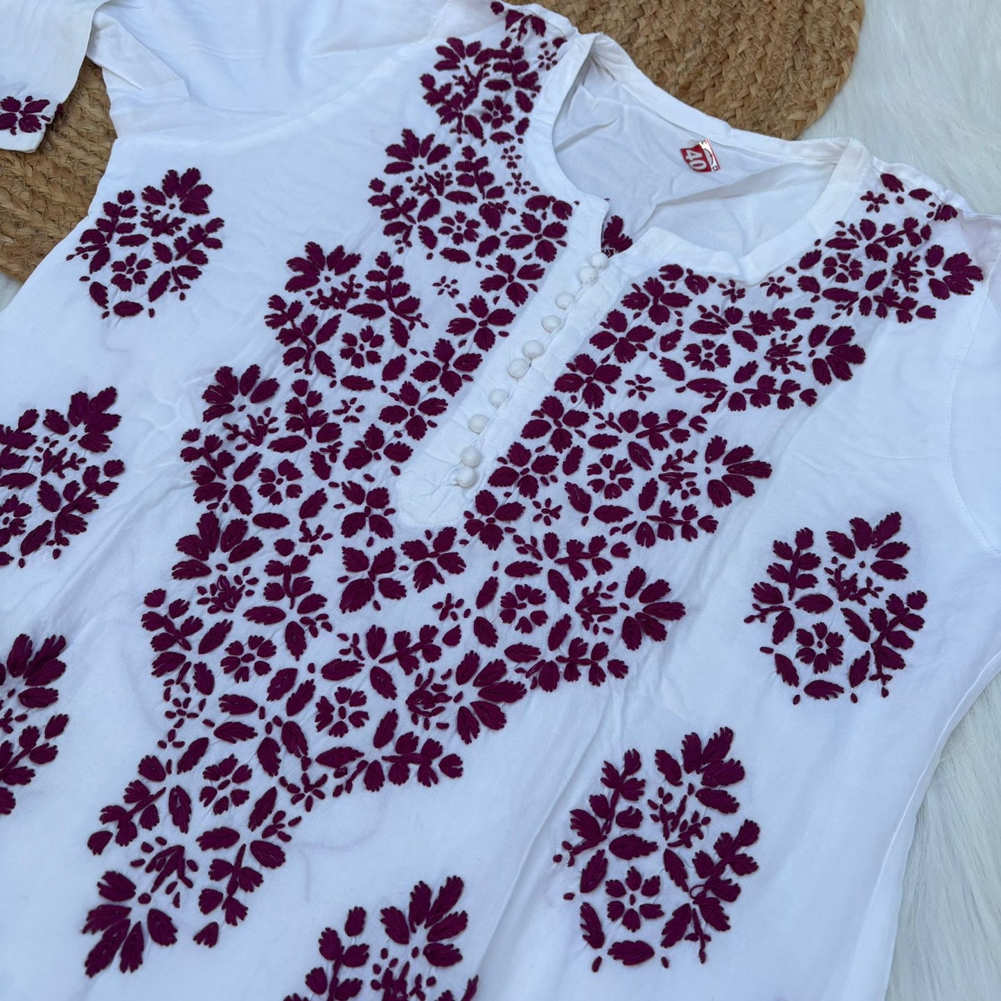 Amira Soft Rayon Chikankari Kurti - Wine on White Color - Chikankaar