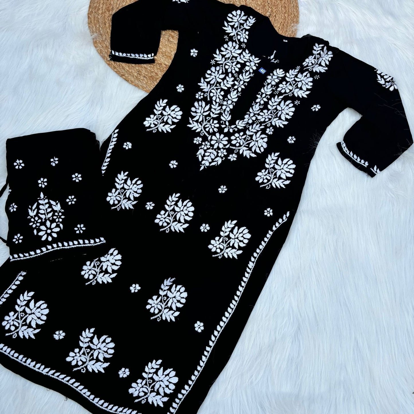 Jannat Soft Rayon Chikankari Kurti Plazo Set - Black colour - Chikankaar