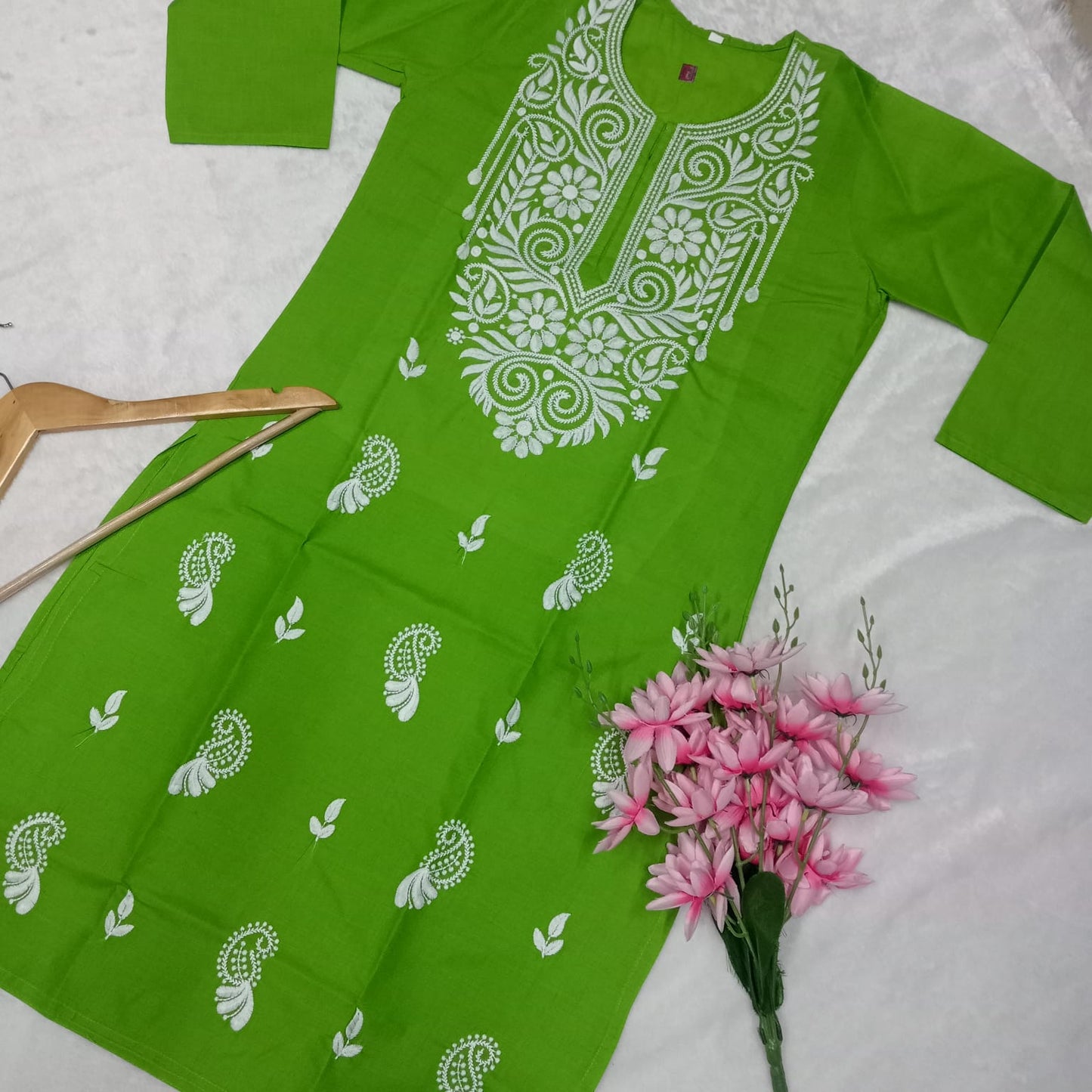 Cotton Machine Work Chikankari Kurti - Parrot Green Colour - Chikankaar