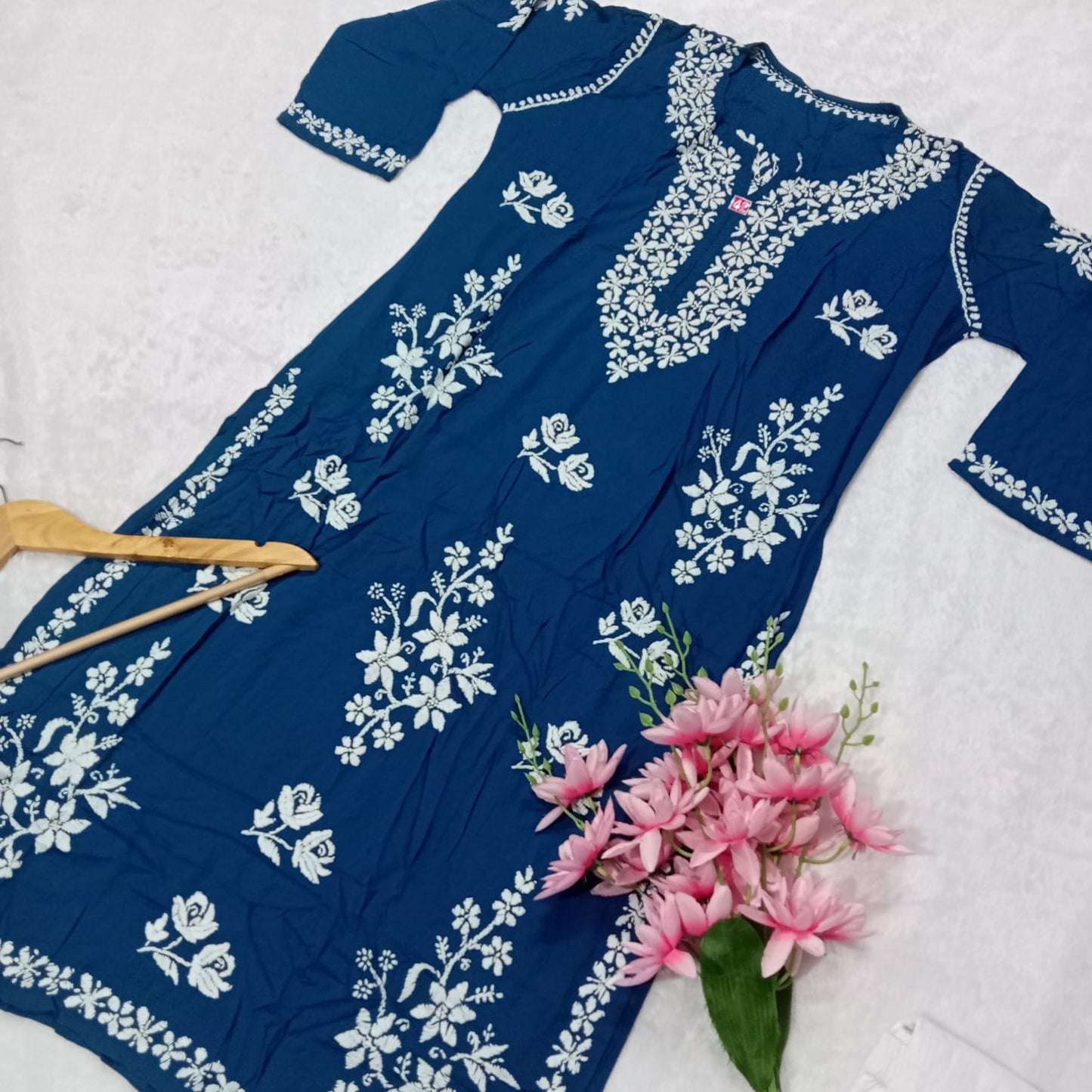 PREMIUM MODAL SILK CHIKANKARI KURTI - BLUE COLOUR - Chikankaar