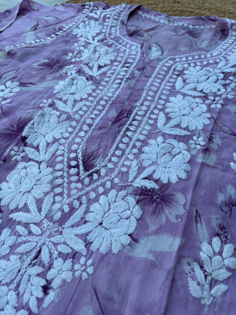 Shazia Mulmul Cotton Chikankari Kurti Set - Purple Colour