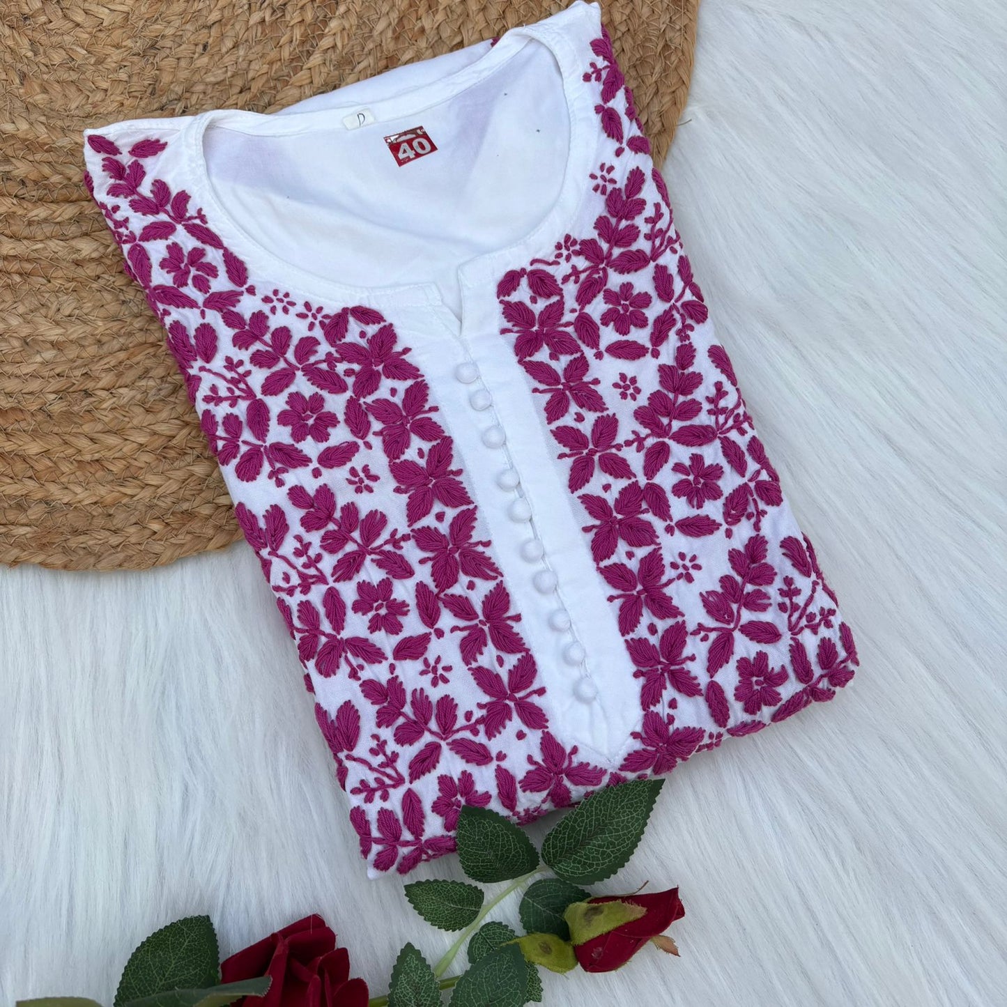 Amira Soft Rayon Chikankari Kurti - Rani on White Color - Chikankaar