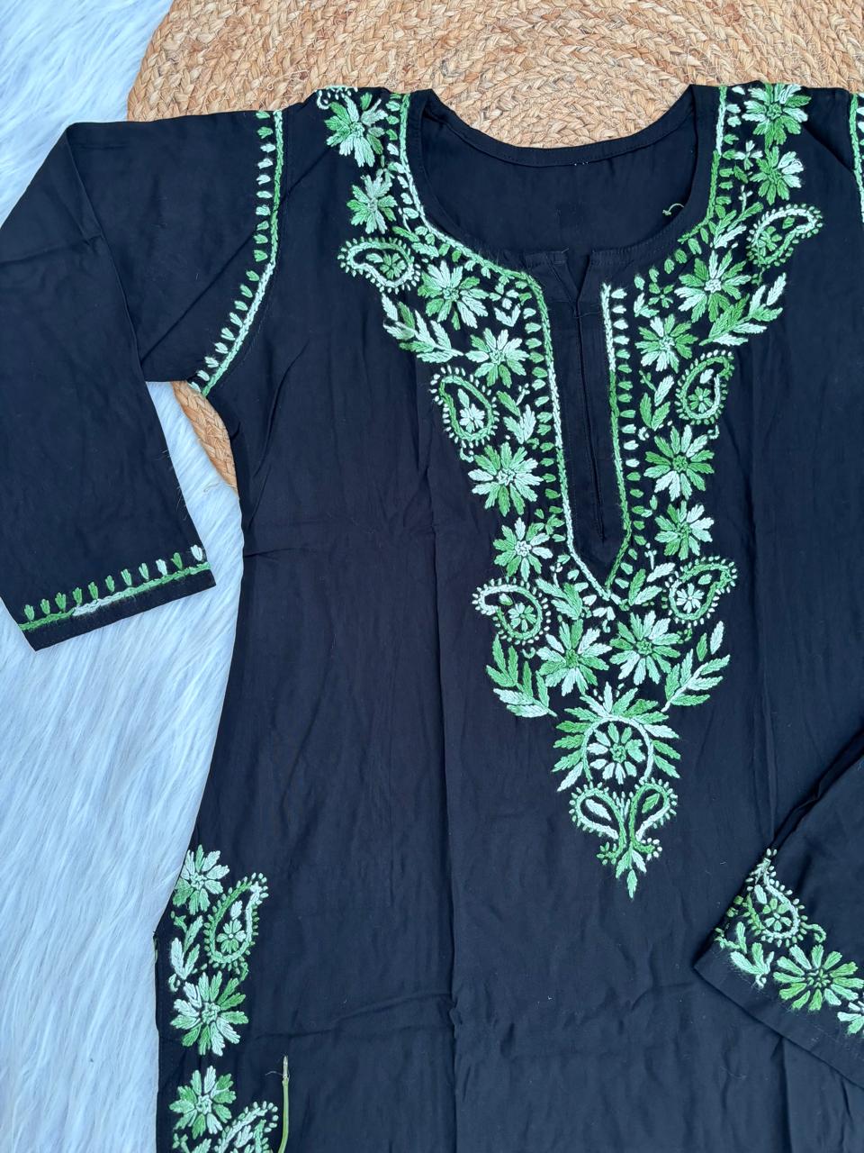 Lubna Rayon Handwork Chikankari Kurti Set- Green Colour