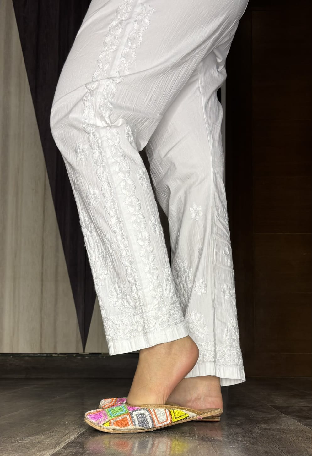 Yara Pure Cotton Lycra Handwork Chikankari Pant-White colour