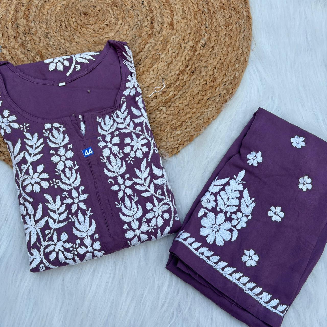 Jannat Soft Rayon Chikankari Kurti Plazo Set - Mauve colour - Chikankaar