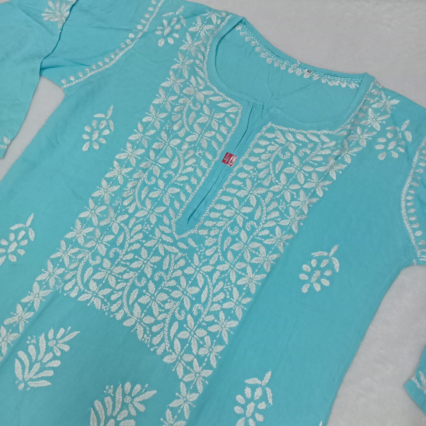 Soft Rayon Heavy Chikankari Panel Work Kurti -Sky Blue Colour - Chikankaar