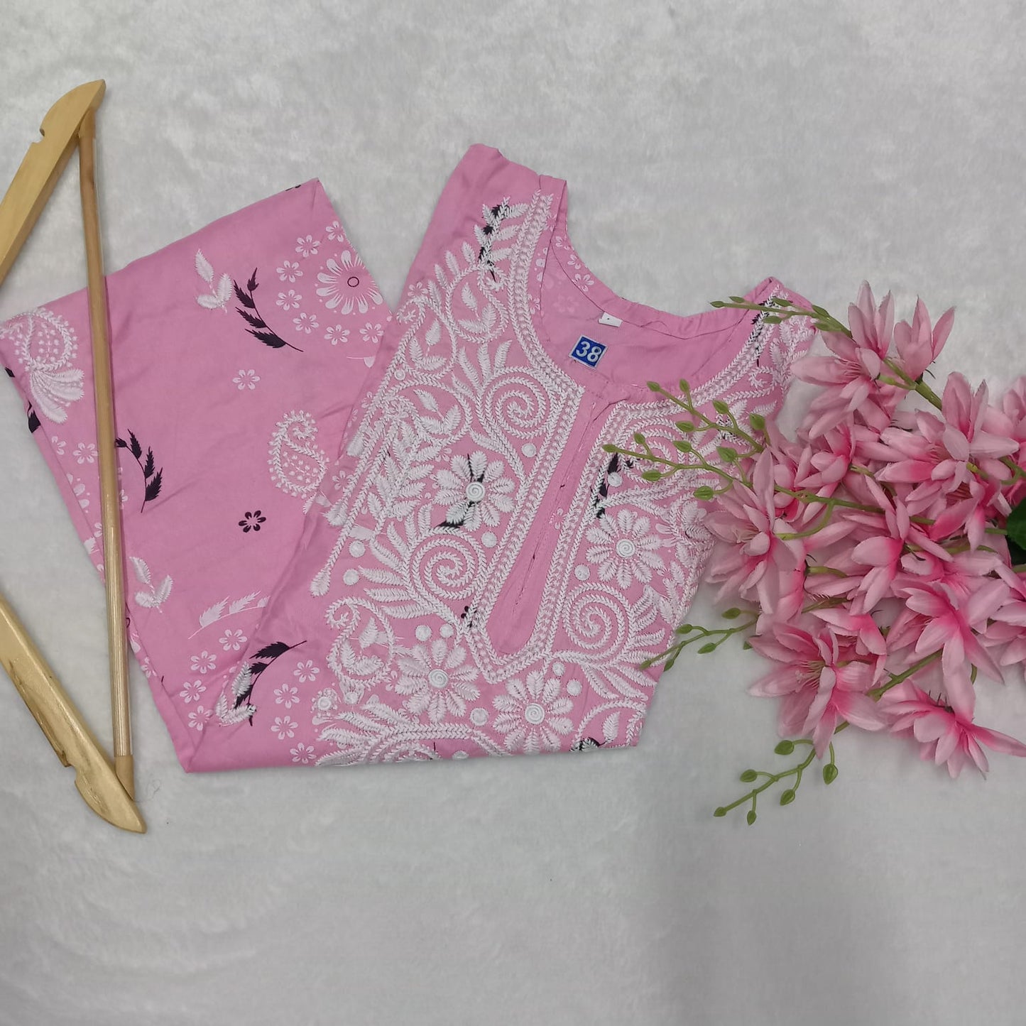 Rayon Chikankari Machine Work Kurti -Pink Colour - Chikankaar