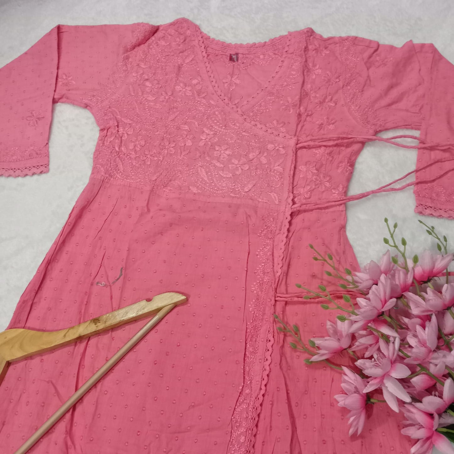 Ombre Shaded Dobby Cotton Chikankari Angarakha -Peach Colour - Chikankaar