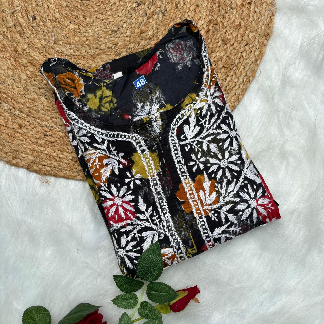Plus size special-Dhanashree Inspired Mulmul Floral Printed Chikankari Handwork Kurti -Black Colour - Chikankaar