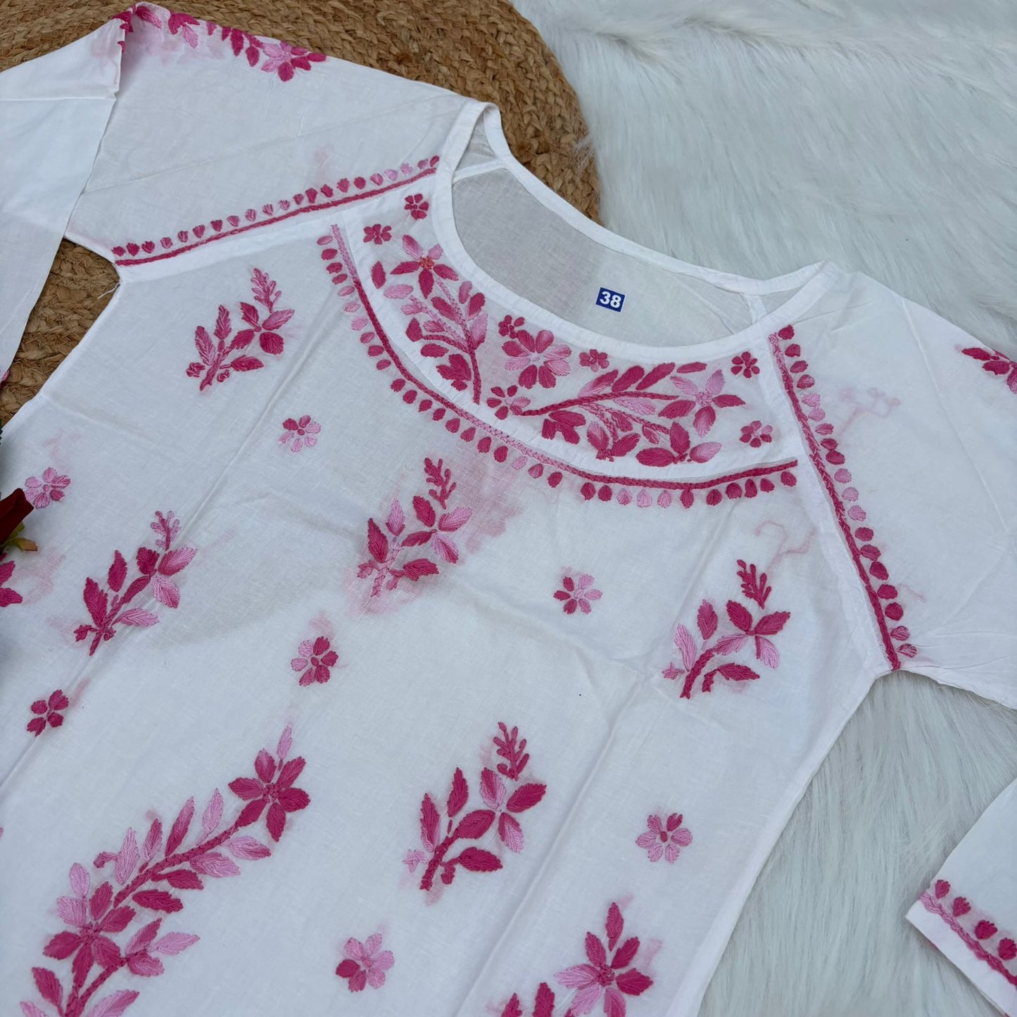 Alia Soft Rayon Chikankari Short Kurti - White Pink Color - Chikankaar