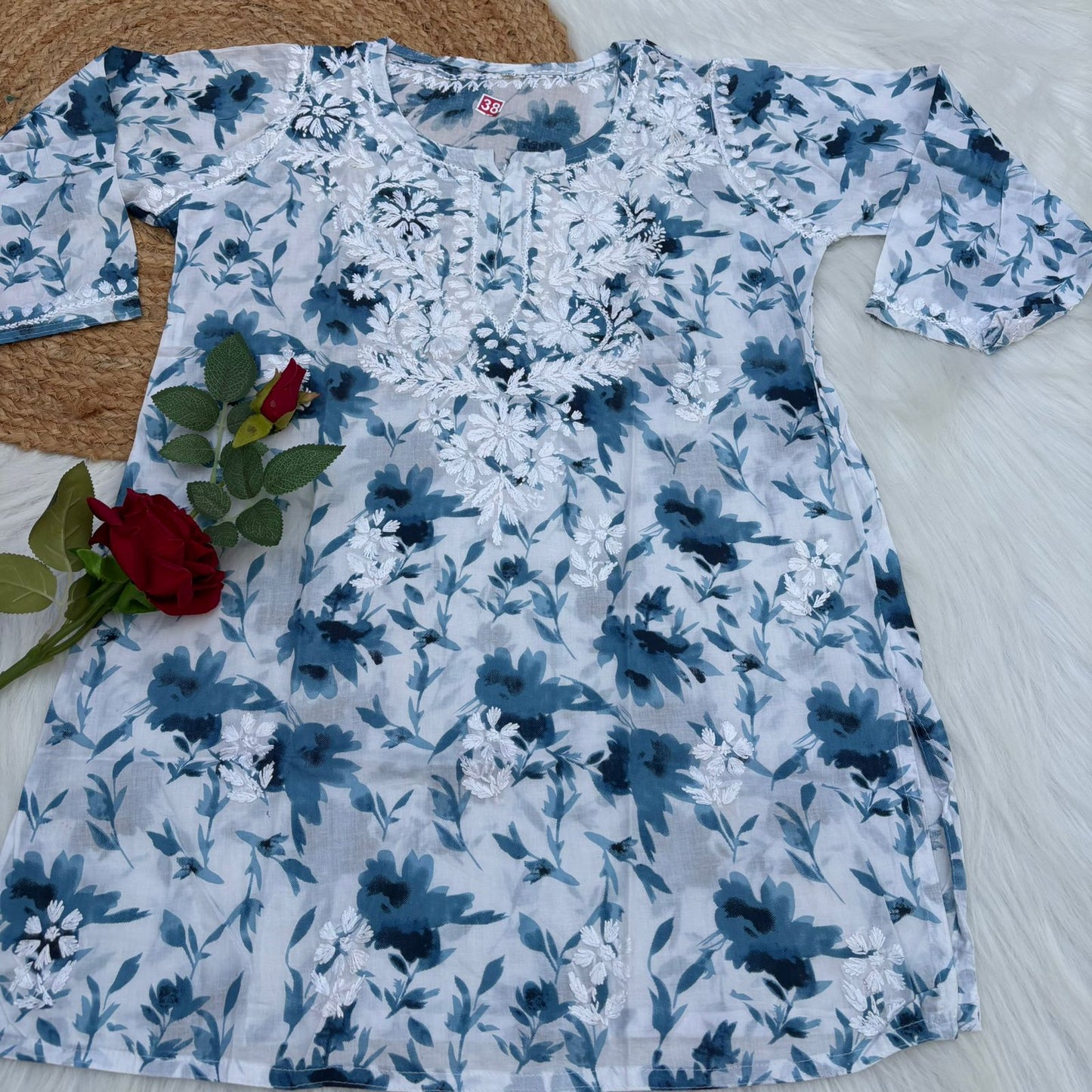 Asma Pure Mulmul Cotton Short Kurti - Blue Colour - Chikankaar