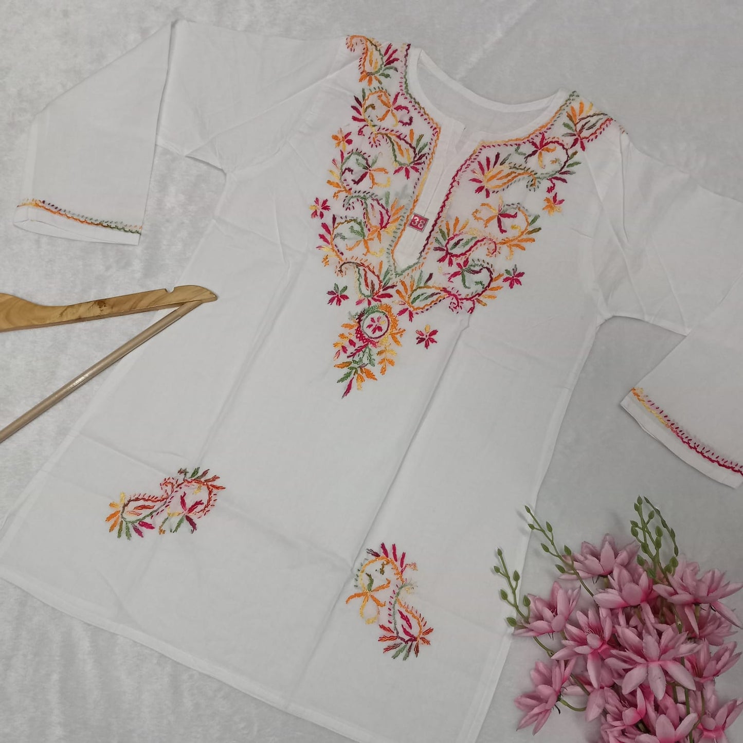 Cotton Chikankari Multitread Short Kurti - White Colour - Chikankaar