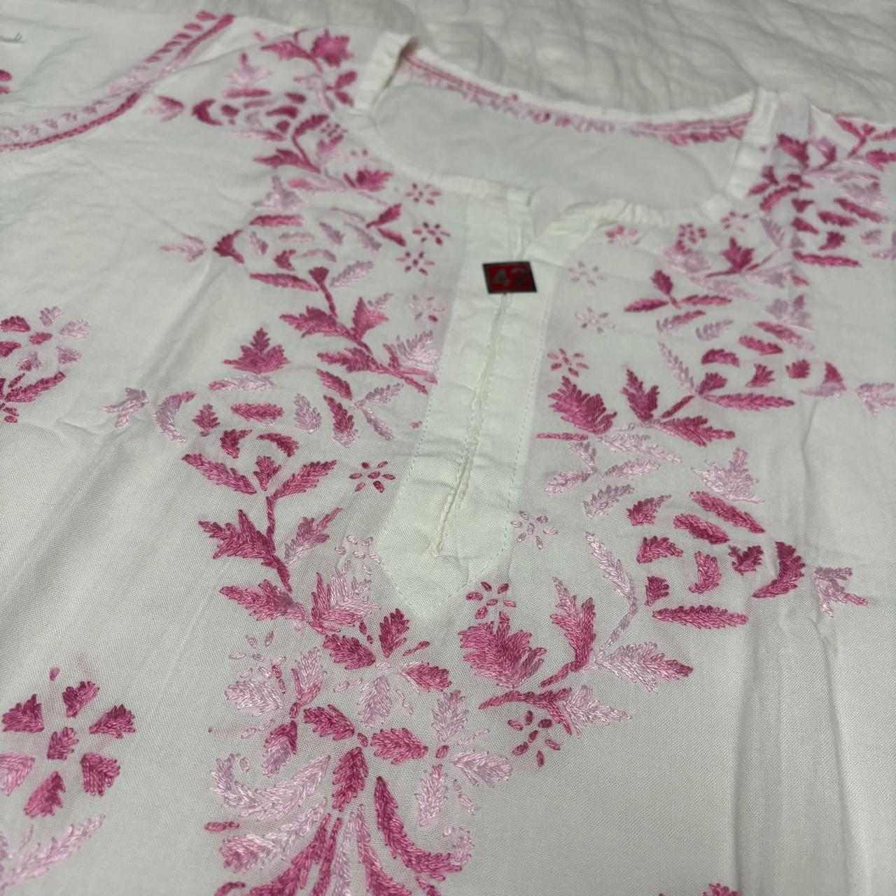 Aleena Rayon Chikankari Kurti Plazo Set - White Pink color - Chikankaar