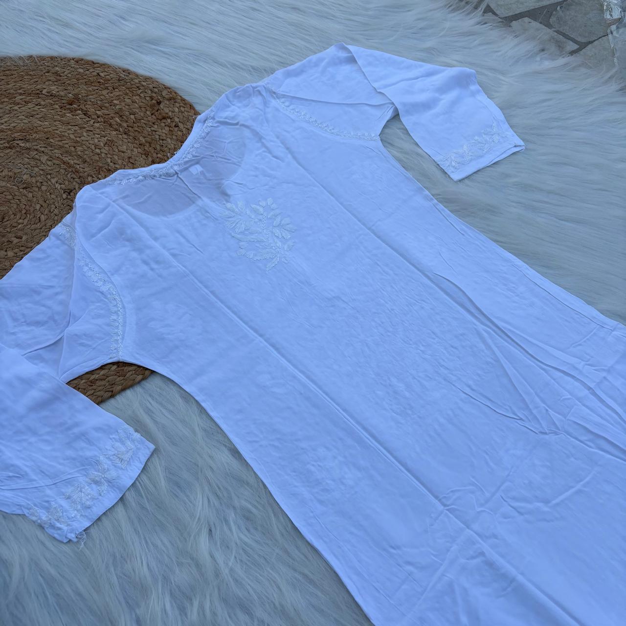 Soft Rayon Chikankari Kurti - White Colour