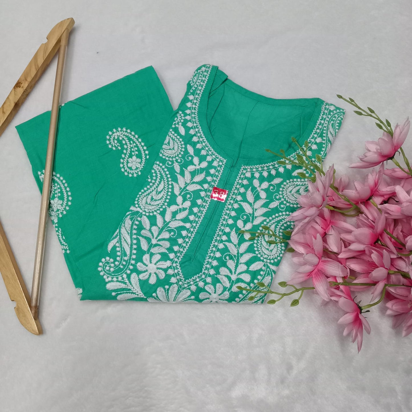 Cotton Machine Work Chikankari Kurti -Sea Green Colour - Chikankaar