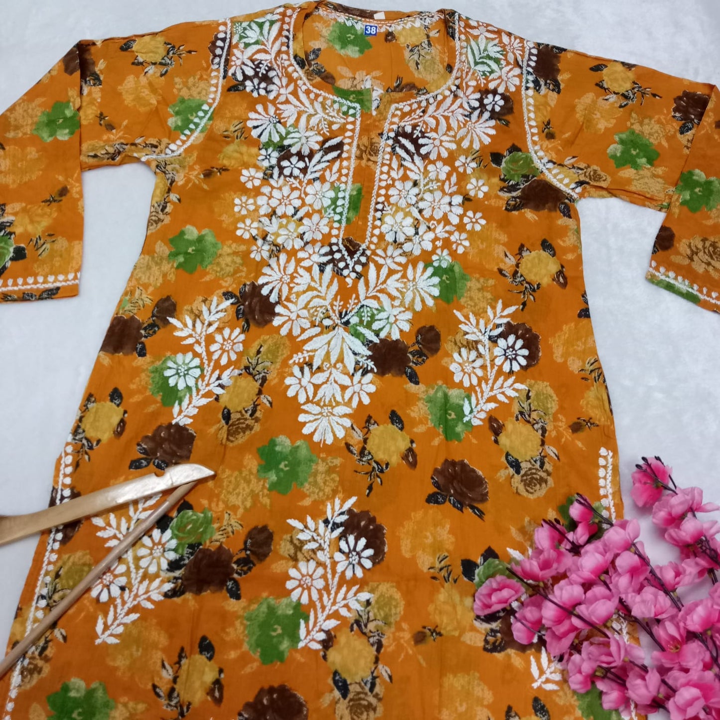 Dhanashree Inspired Mulmul Floral Printed Chikankari Handwork Kurti - Mustard Colour - Chikankaar