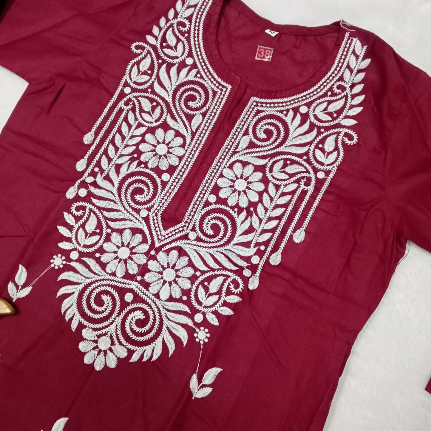 Cotton Machine Work Chikankari Kurti - Maroon Colour - Chikankaar