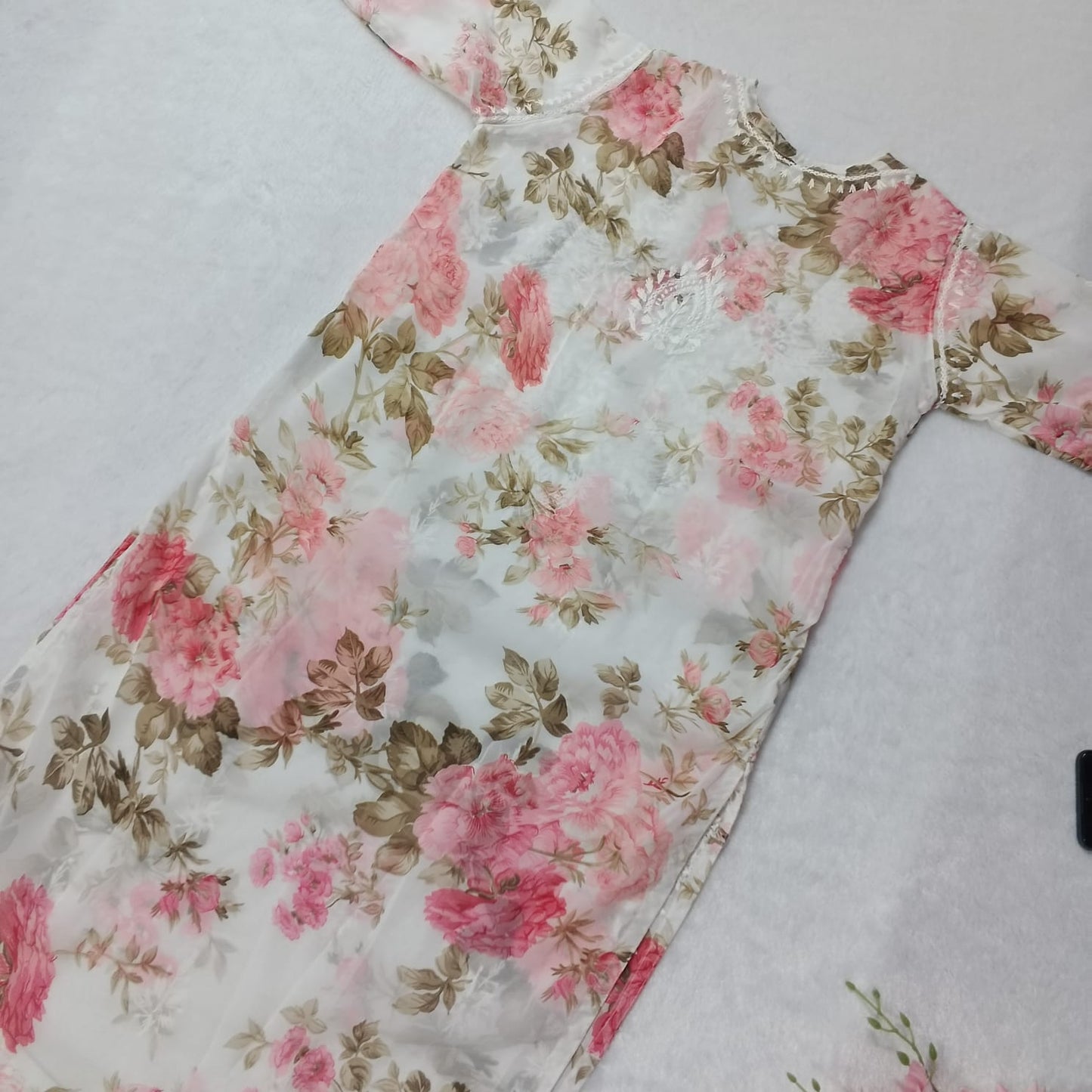 Chikankari Georgette Floral Printed Kurti - Pink Colour - Chikankaar