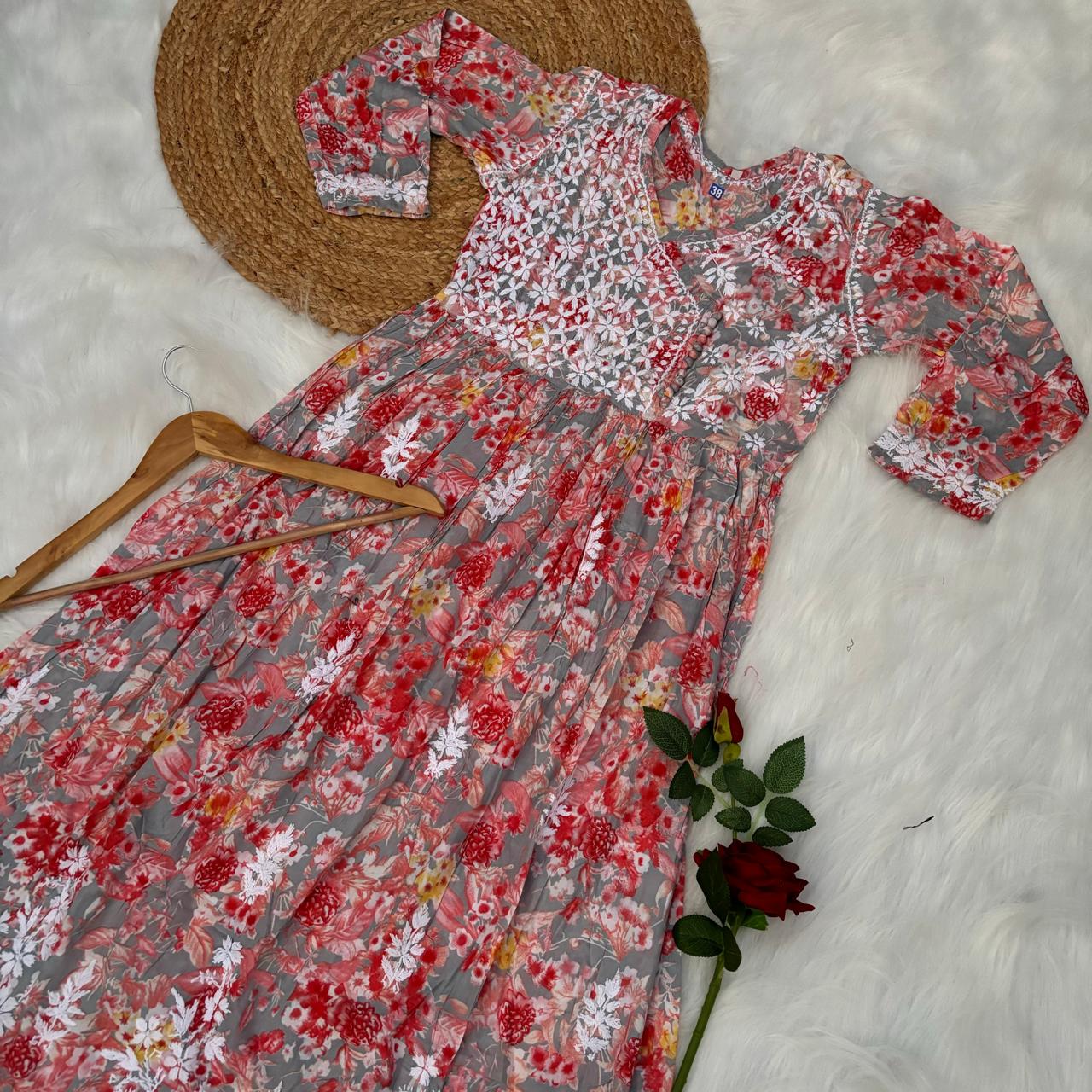 Zainab Pure Mulmul Cotton Gown - Red Colour - Chikankaar