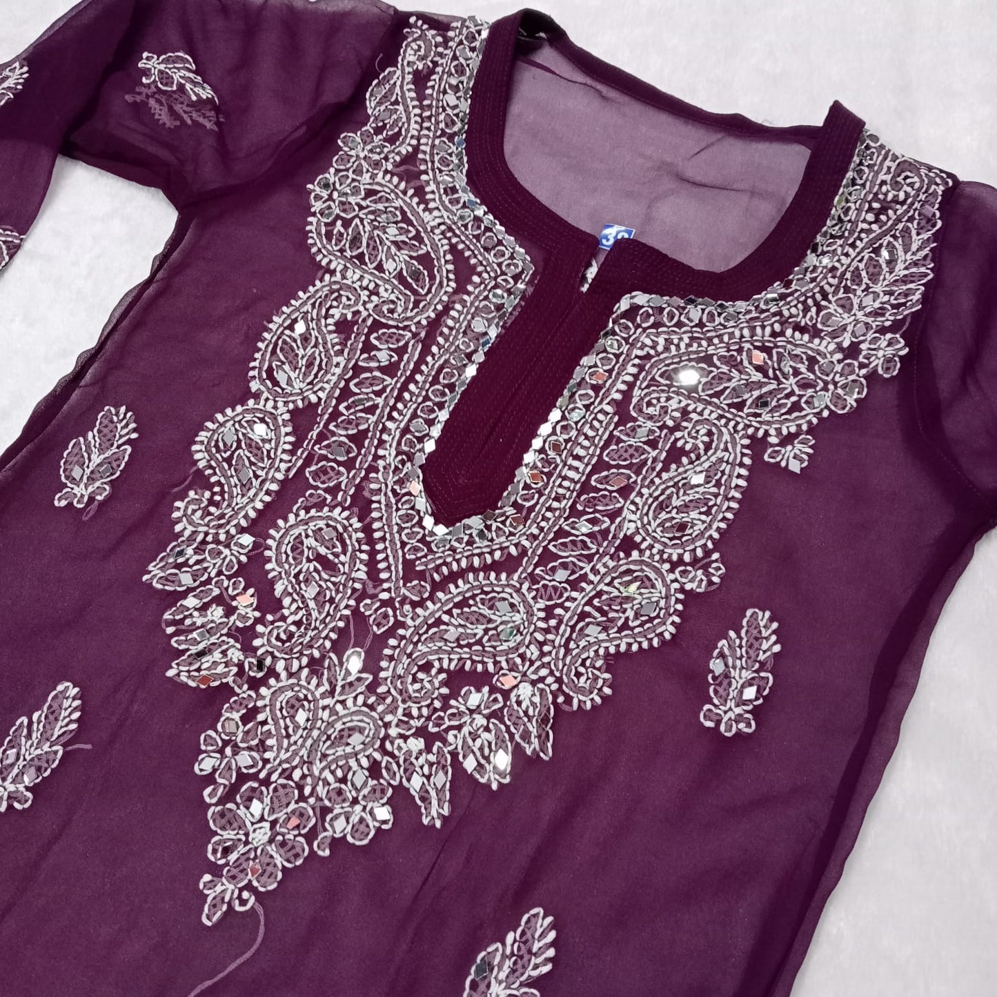 GEORGETTE MIRROR WORK CHIKANKARI KURTI WITH INNER -WINE COLOUR - Chikankaar