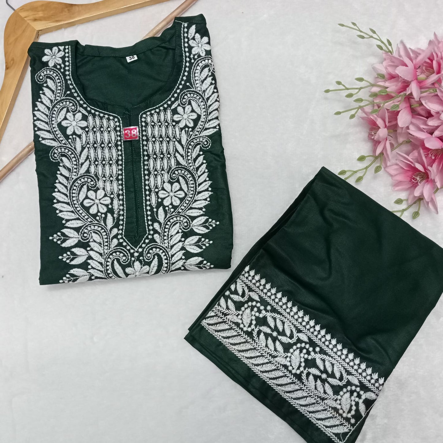 Rayon Chikankari Machine Work Kurti Plazo Set- Dark Green Colour - Chikankaar