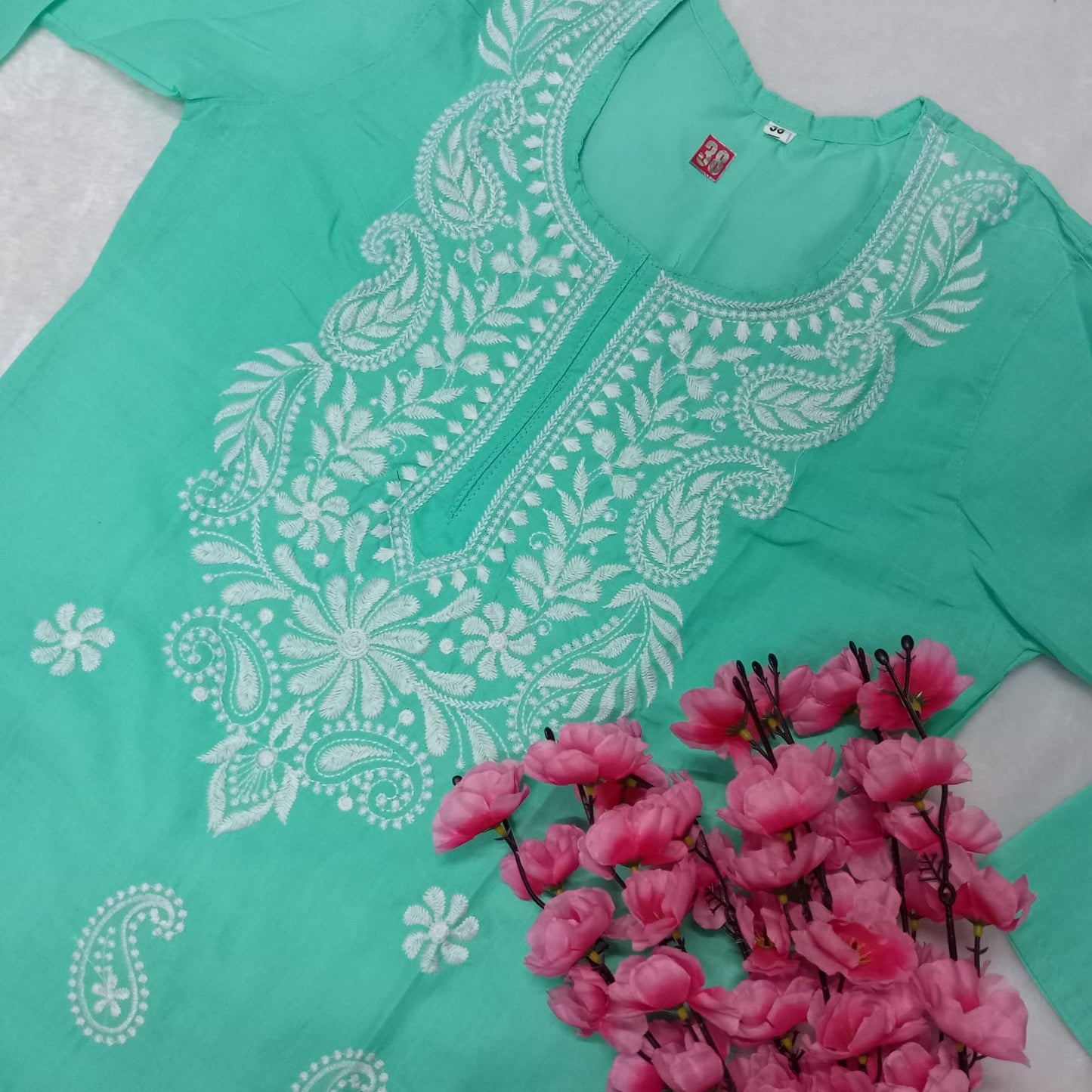 Cotton Machine Work Chikankari Kurti -Light Sea Green Colour - Chikankaar