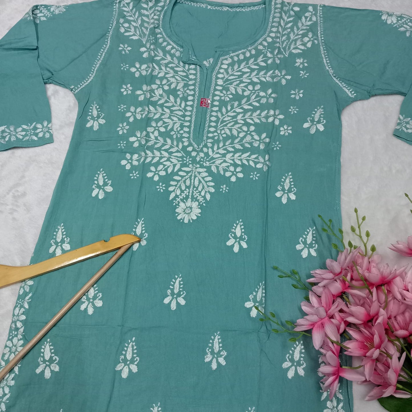 Soft Rayon Chikankari Ghaspatti Work Kurti -Aqua Lake Colour - Chikankaar
